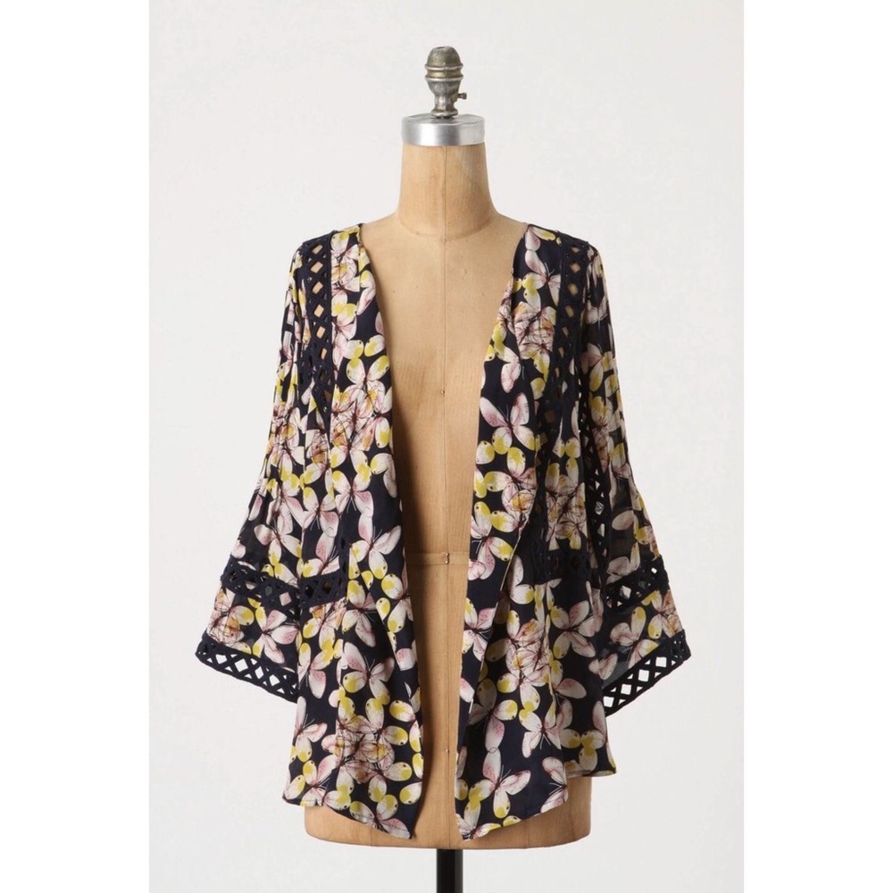 Anthropologie Floral Kimono Blouse - Black and Yellow